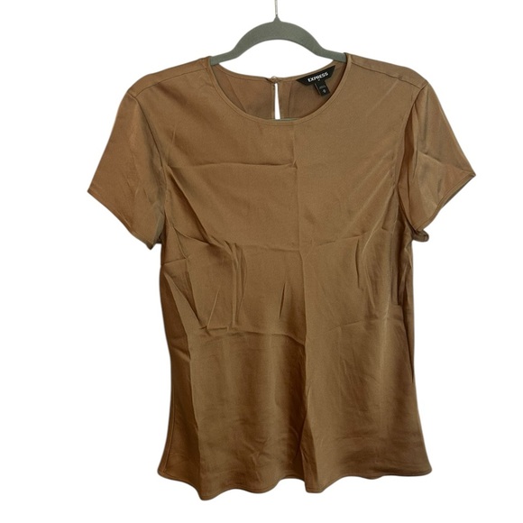 Express Golden Tan Satin Short Sleeve Popover Blouse - Picture 1 of 5
